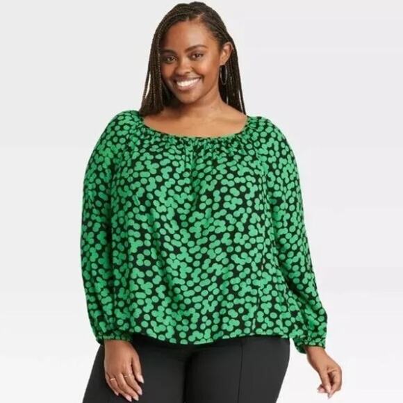 Ava & Viv Blouse Top Plus 1X‎ Balloon Long Sleeve Polka Dot Tie Back Green Black - Picture 1 of 10